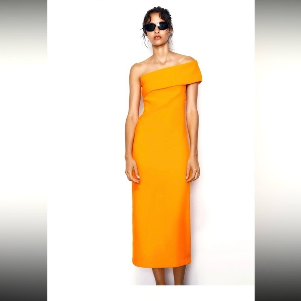 Zara Nwt Long Fitted Bandeau Dress Orange M